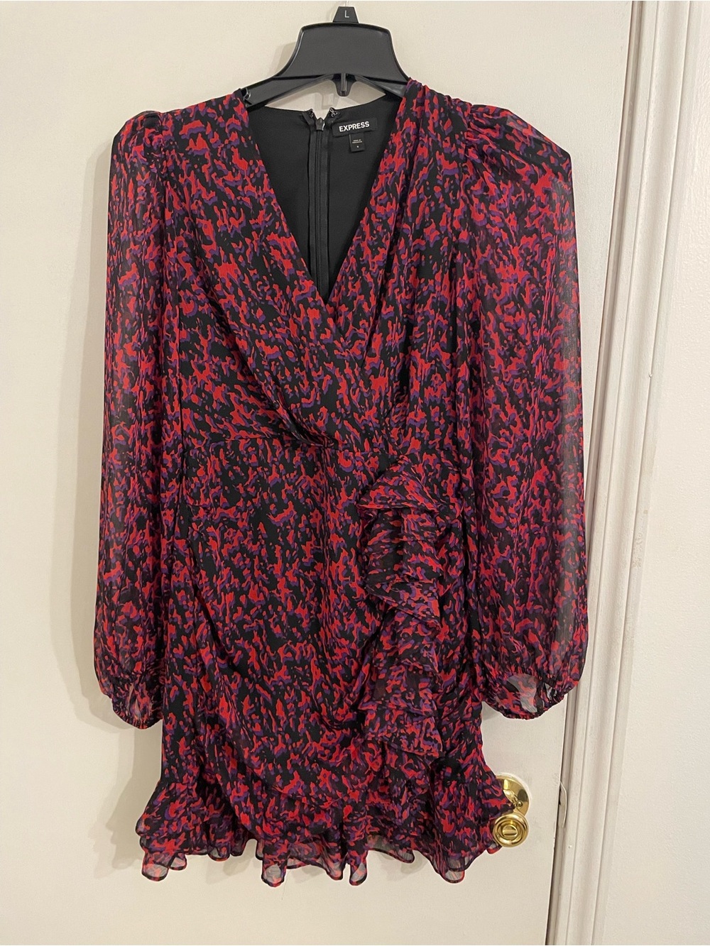 Express Red and Black Ruffle V-Neck Long-Sleeve Dress
